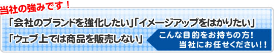 当社の強みです！「会社のブランドを強化したい」「イメージアップをはかりたい」「ウェブ上では商品を販売しない」こんな目的をお持ちの方！当社にお任せください！！